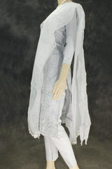 Gray Roman Silk 3-Piece Kurta Set with Organza Embroidered Top, Elastic Pants & Border Dupatta