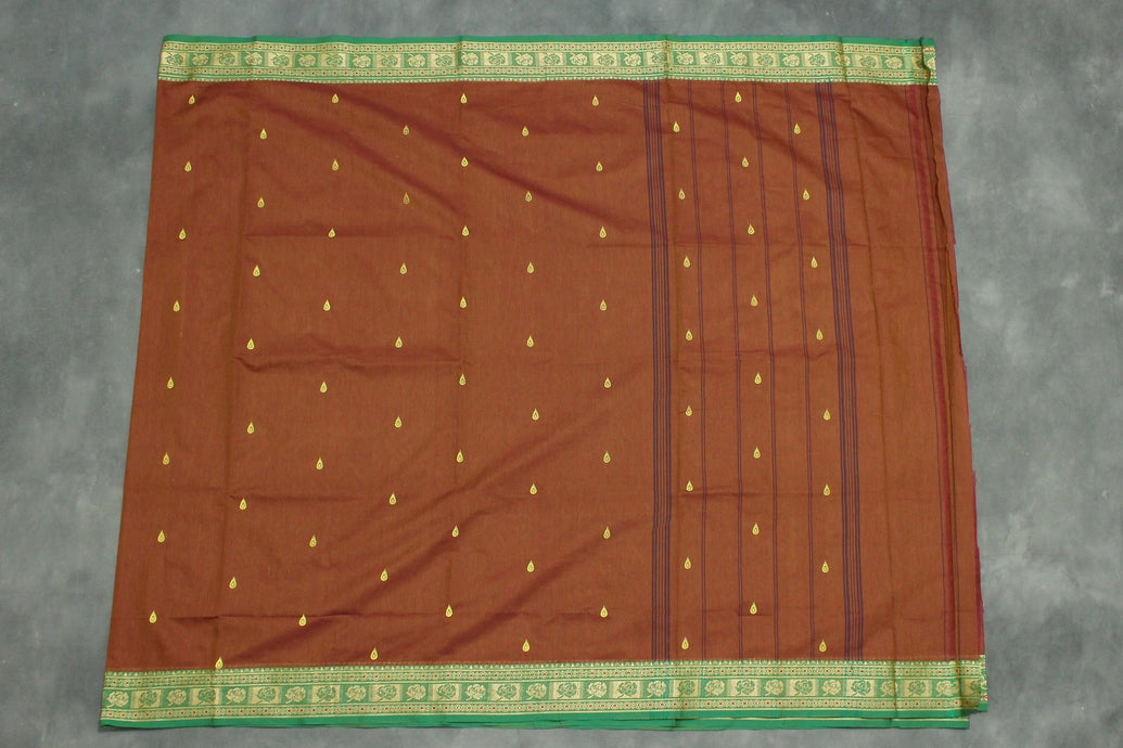 Chocolate Brown Poly Cotton Saree with Green Thread Border and Gold Butta Saree JCS Fashions