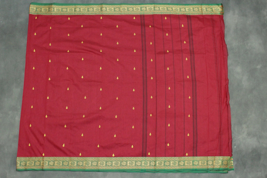 Red Poly Cotton Butta Saree with Green-Gold Thread Border - Traditional Indian Saree Saree JCS Fashions