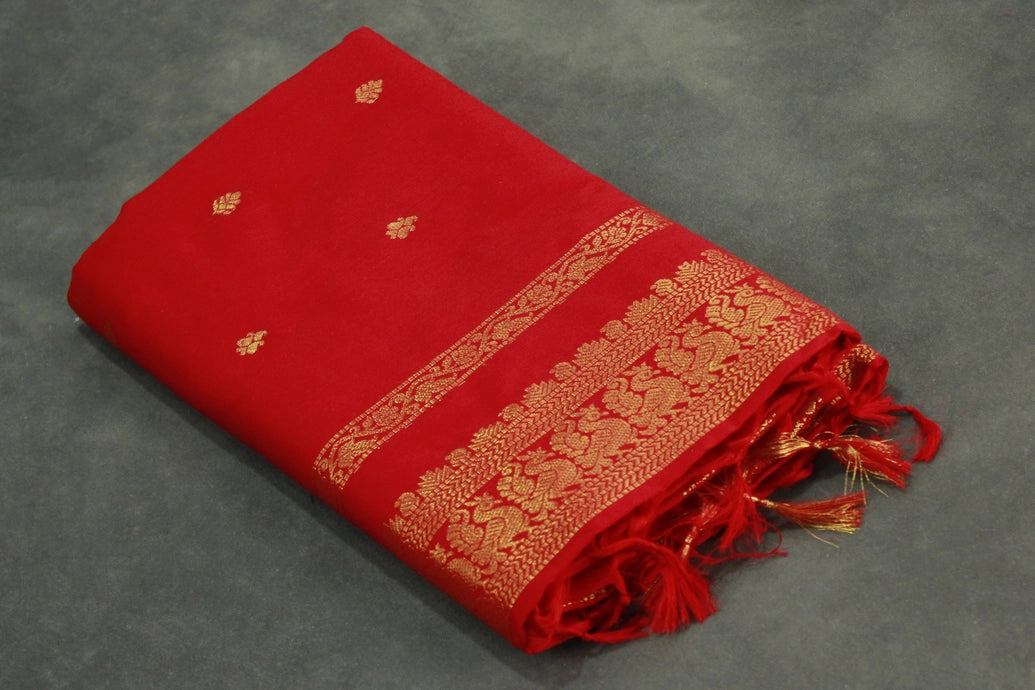 Tomato Red Kalyani Cotton Saree with Putta Design and Zari Border Saree with Blouse