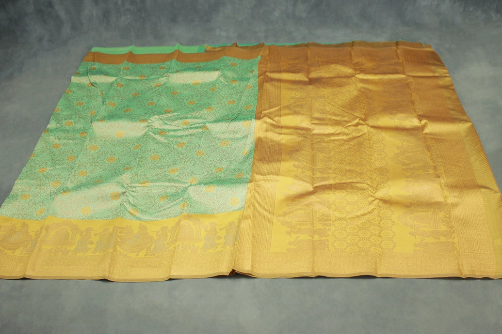 Pista Green Kubera Silk Saree with Pallakku Design Border and Blouse, Semi Silk Traditional Wear