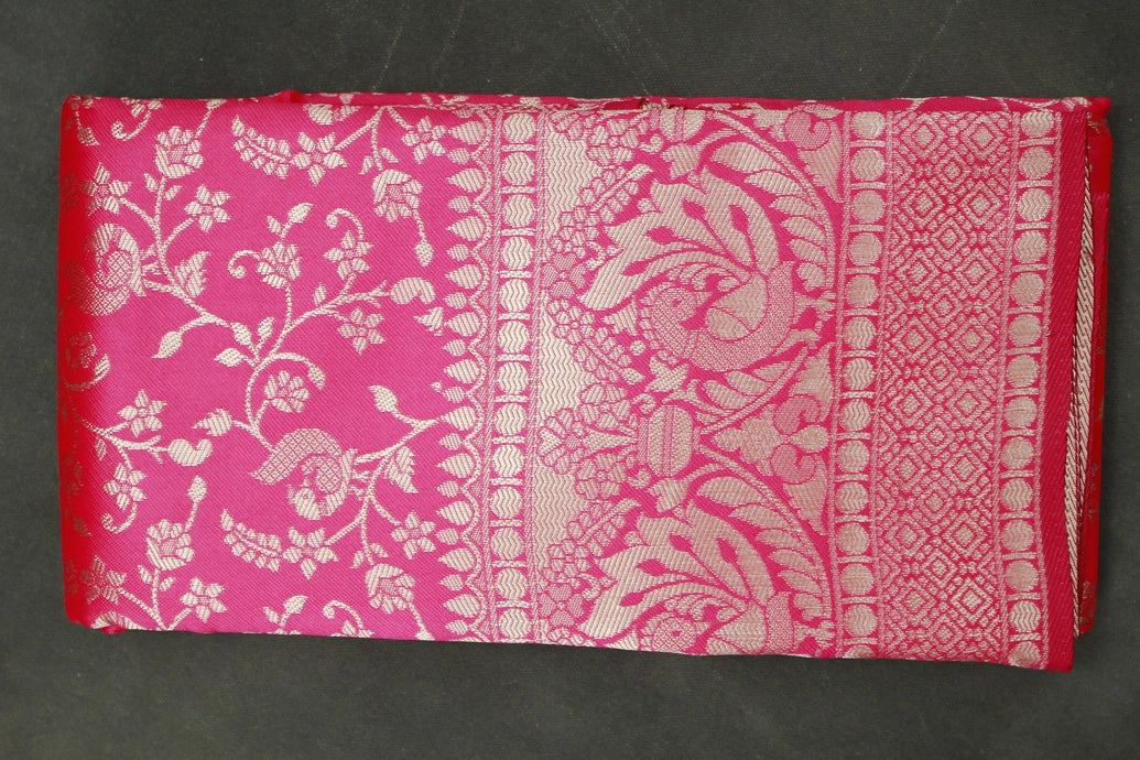 Red Banarasi Handloom Satin Saree with Woven Floral Embroidery Print and Blouse