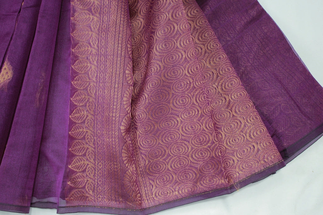 Violet Silk Cotton Saree with Zari Border and Matching Blouse