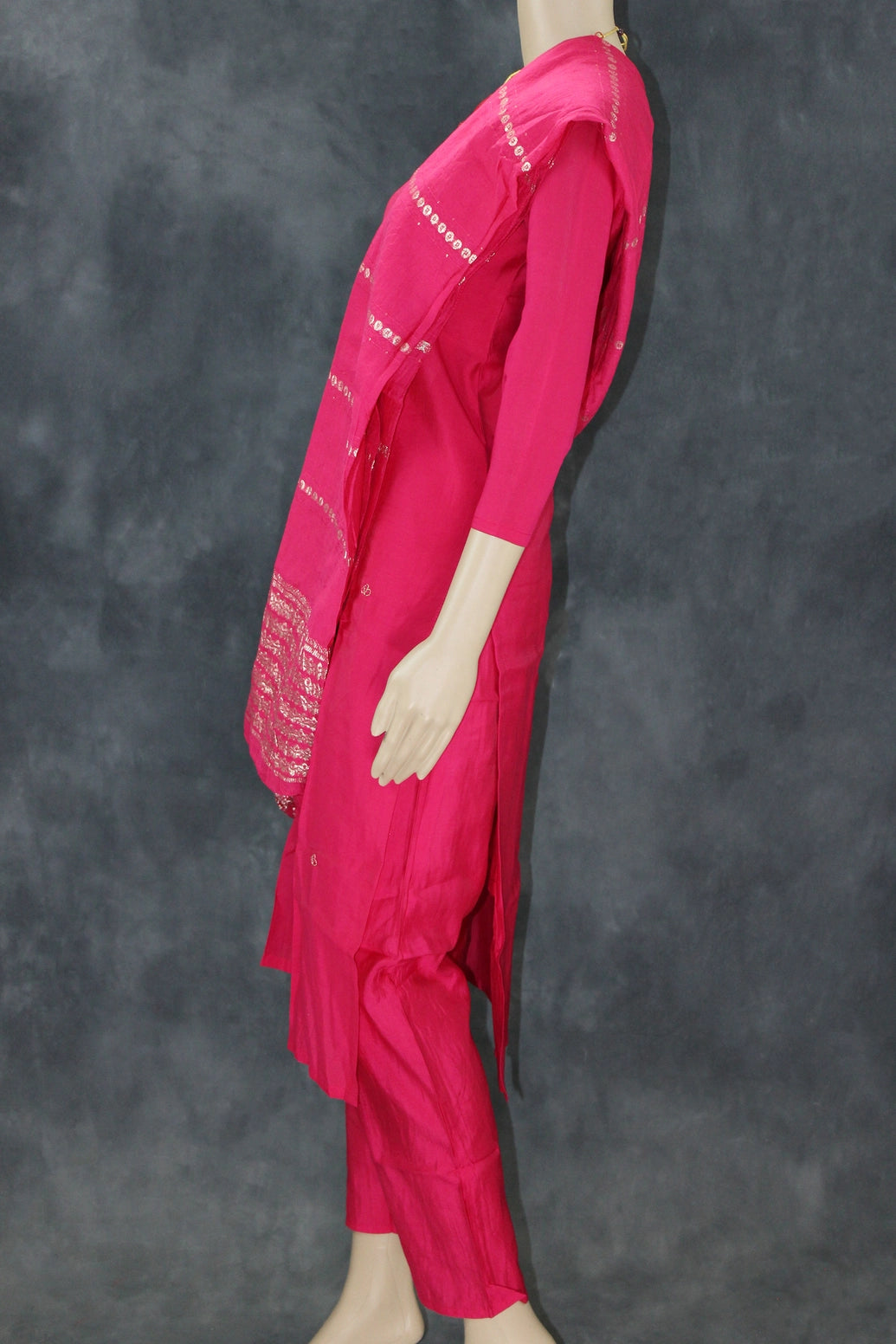 Deep Pink Aari Pearl Embroidered Kurti Pant & Dupatta 3-Piece Set for Women