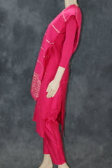 Deep Pink Aari Pearl Embroidered Kurti Pant & Dupatta 3-Piece Set for Women