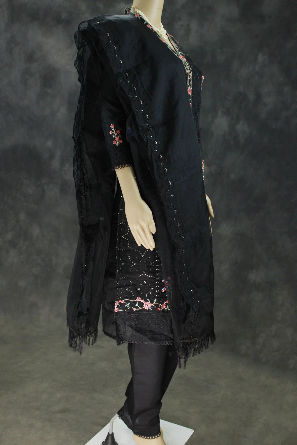 Black Organza 3-Piece Salwar Suit Set with Khatli Work Kurti, Roman Silk Bottom & Border Dupatta