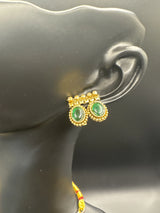 Traditional Gold-Tone Necklace Set with Oval Green or Pink Imitation Stones and Matching Earrings for Ethnic Wear Jewelry JCS Fashions