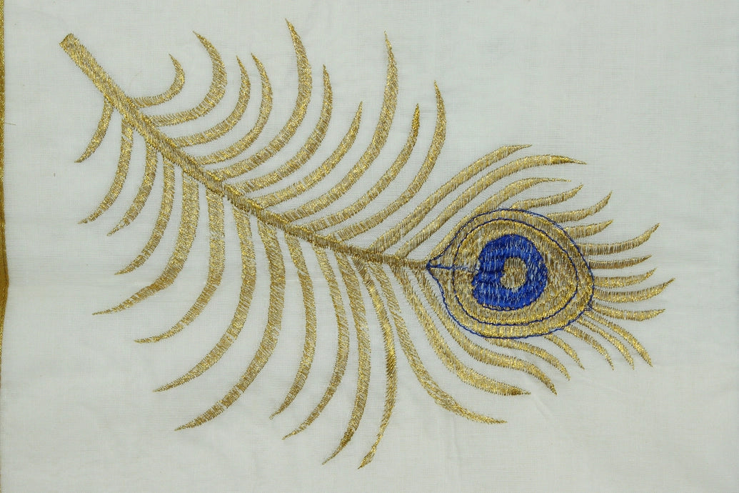 Pure Kerala Cotton White Saree – Gold Zari Peacock Embroidery with Blouse Piece