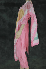 Light Pink Roman Silk 3-Piece Kurti Set with Elastic Pant & Handwork Chinon Dupatta for Women