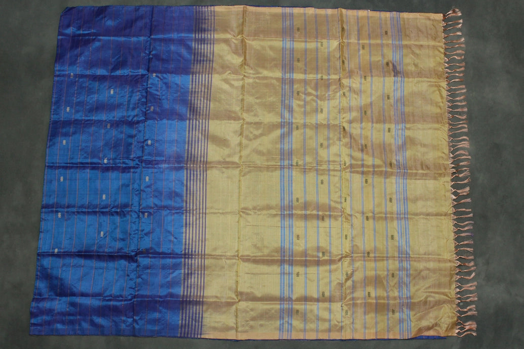 Peach Banana Pith (Vaazhai Naar) Borderless Saree with Subtle Butta and Blue Stripe Detailing for Traditional Wear