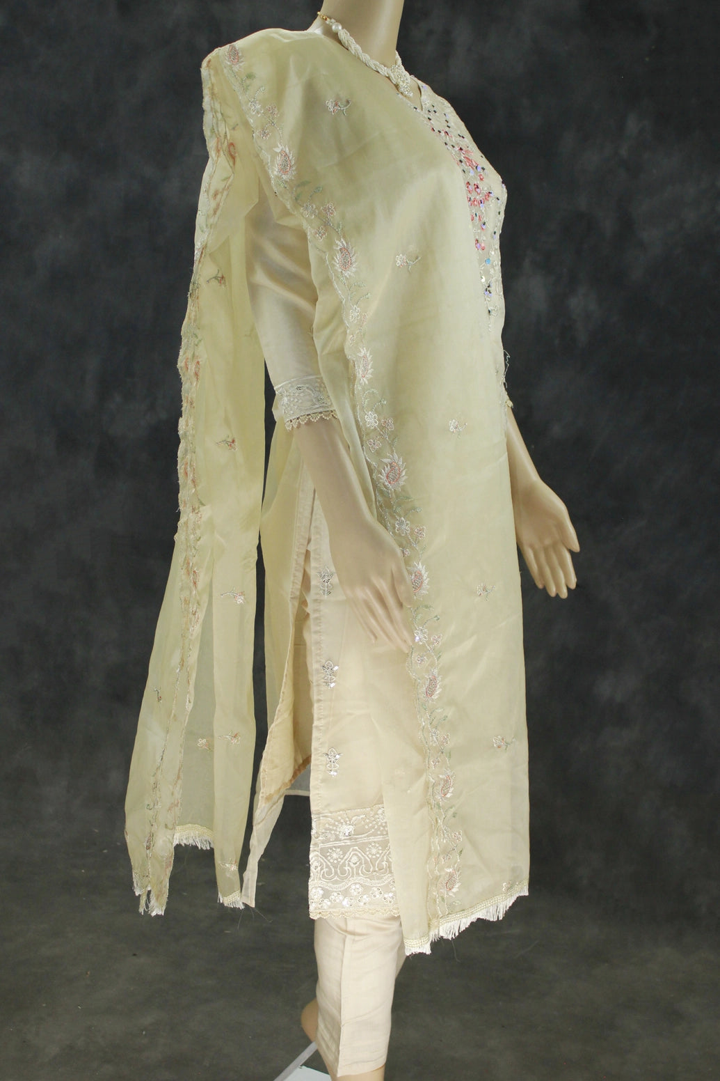 Sandal Roman Silk 3-Piece Kurti Set with Organza Work Top, Elastic Pant & Embroidered Dupatta