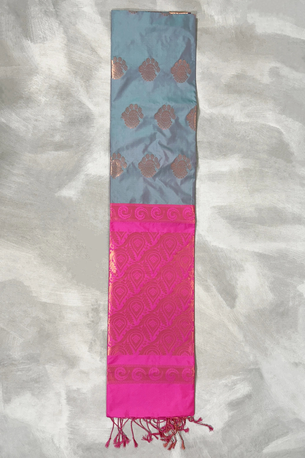 Soft Silk Saree in Grey with Contrast Pink Border, Gold Zari Buttas & Traditional Floral Weave