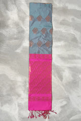 Soft Silk Saree in Grey with Contrast Pink Border, Gold Zari Buttas & Traditional Floral Weave