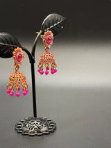 Antique Look Floral Jhumka Earrings - Gold-Tone Traditional Jhumkas in Maroon, Royal Blue, Light Blue, Pink & Green - Pair Jewelry JCS Fashions