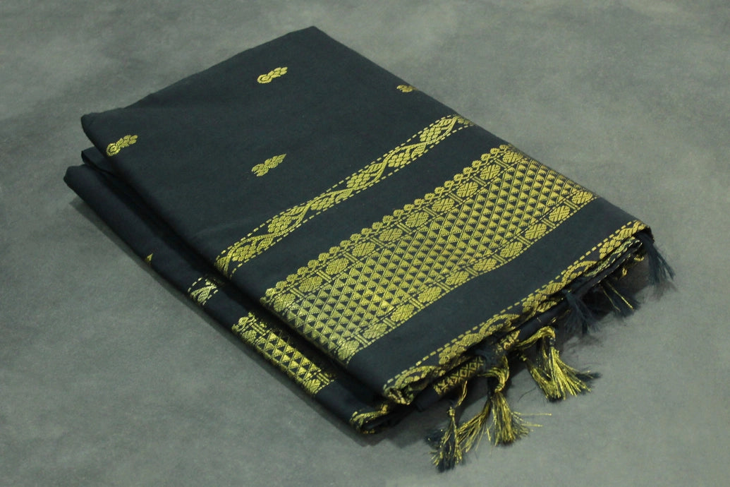 Black Kalyani Cotton Saree with Putta Design and Zari Border, Blouse Included