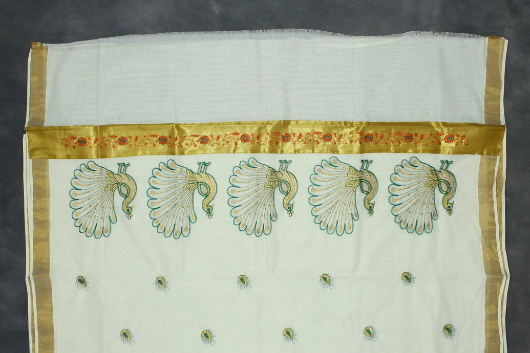 Pure Kerala Cotton White Saree with Gold Zari Peacock Embroidery and Blouse Piece