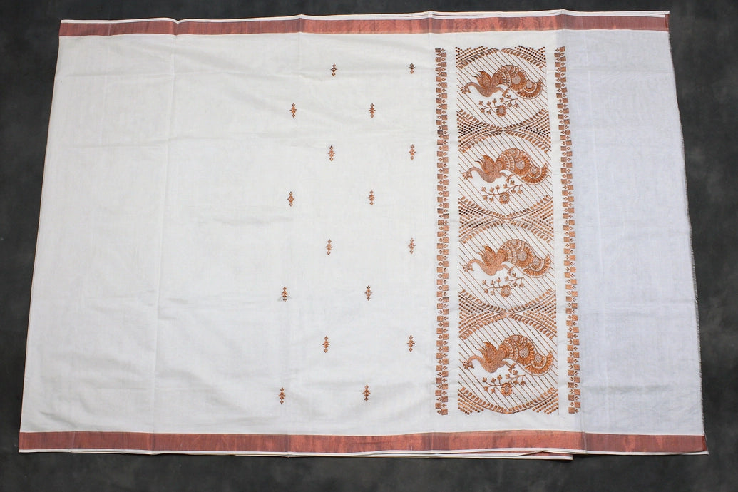White Kerala Cotton Saree with Copper Zari Peacock Embroidery and Copper Border