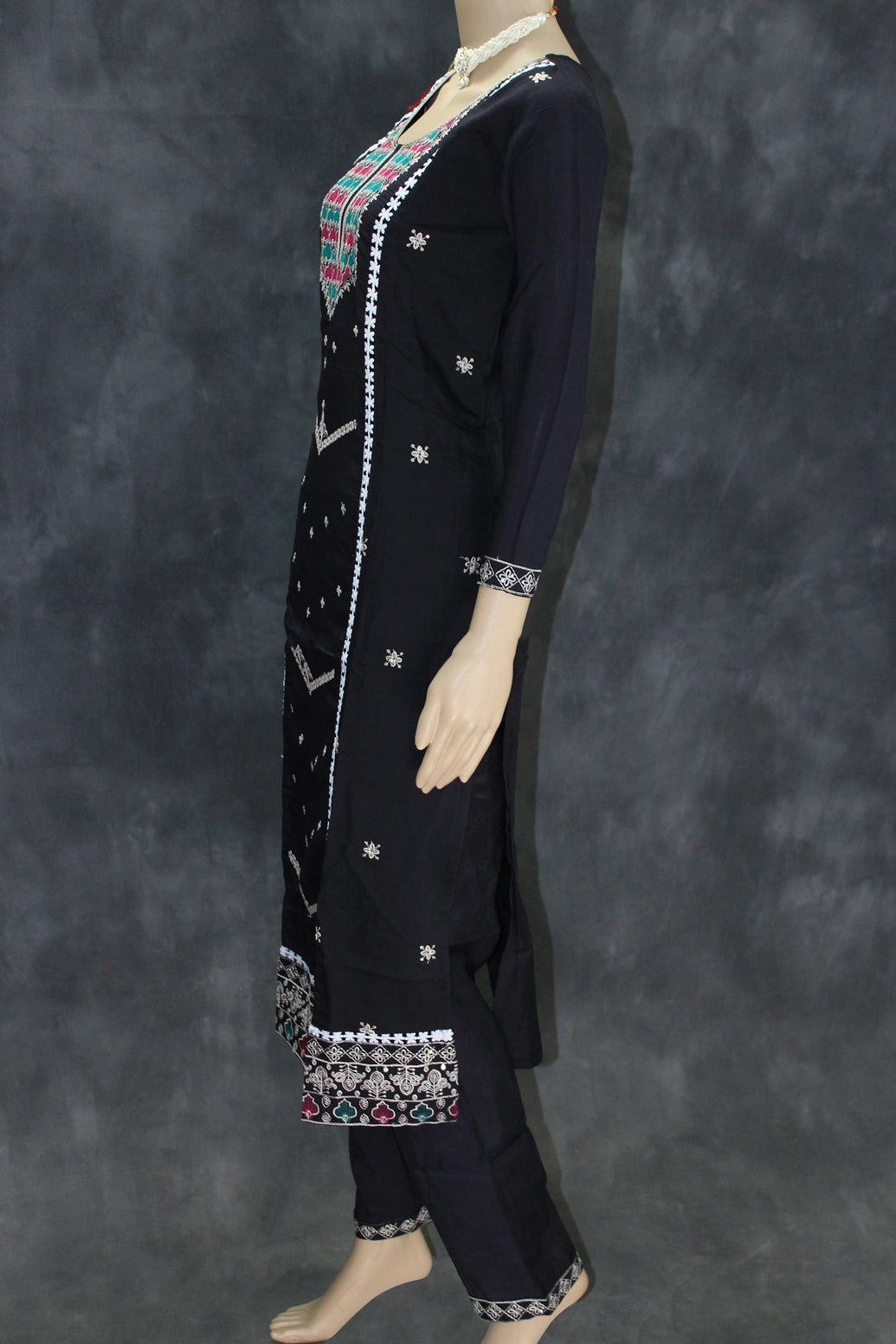 Black Embroidered Roman Silk 3-Piece Kurti Set with Organza Dupatta and Elasticated Pants Kurti JCS Fashions