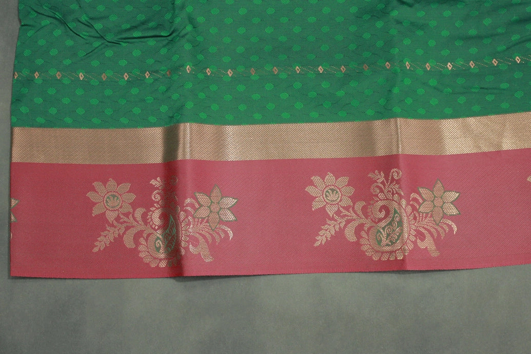Green Emboss Silk Saree with Floral Design Satin Border and Matching Blouse