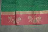 Green Emboss Silk Saree with Floral Design Satin Border and Matching Blouse