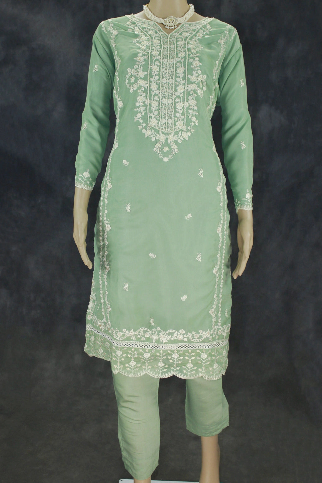 Pista Green 3-Piece Salwar Suit Set Kurti with Organza Khatli Work & Sequins, Roman Silk Bottom, Border Dupatta