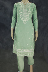 Pista Green 3-Piece Salwar Suit Set Kurti with Organza Khatli Work & Sequins, Roman Silk Bottom, Border Dupatta