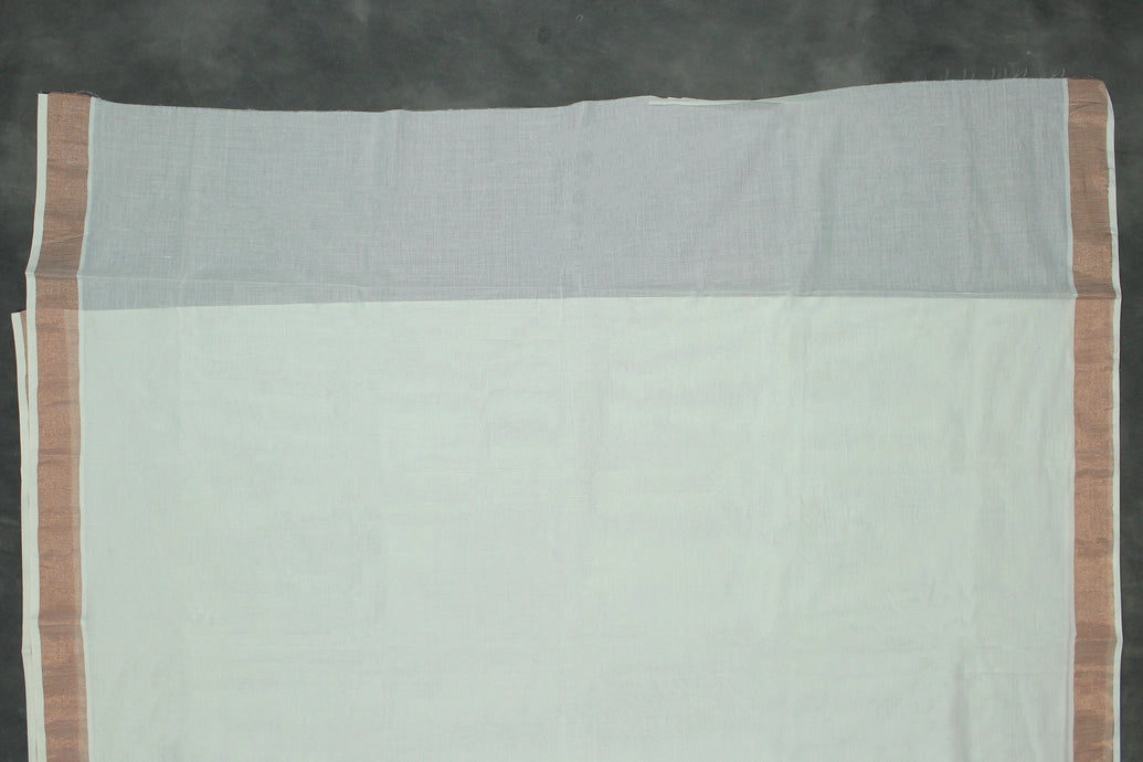 Pure Kerala Cotton White Saree with Copper Zari Border and Embroidered Peacock Floral Pallu