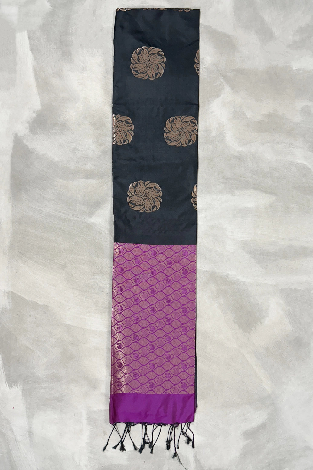 Black Soft Silk Saree with Contrast Purple Border and Gold Zari Floral Buttas