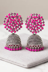 Traditional Oxidized Silver Jhumka Earrings with Floral Stud and Bead Drops - Fashion Jewellery