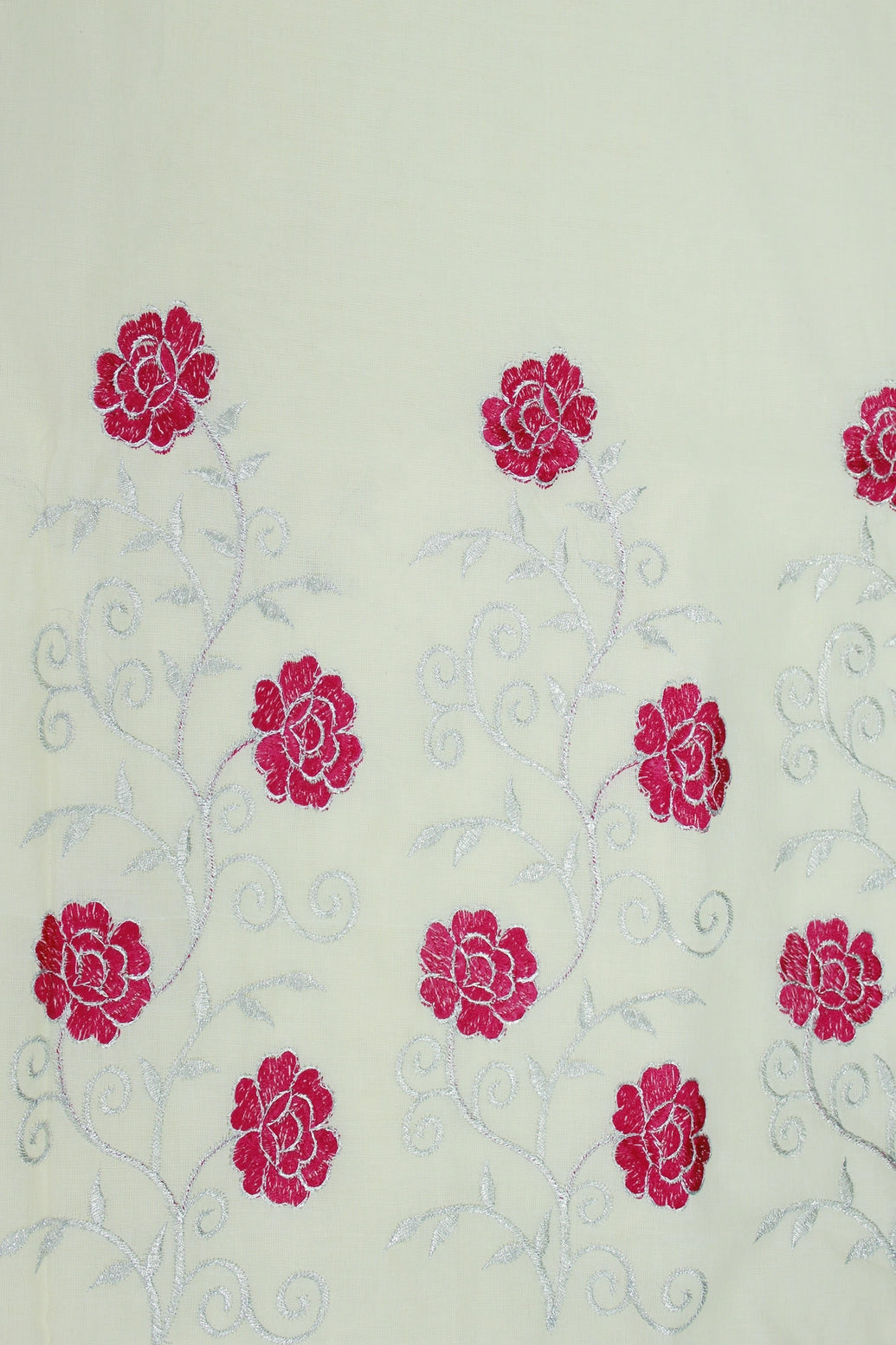 Half White Kerala Cotton Saree With Silver Zari Floral Embroidery and Thread Work