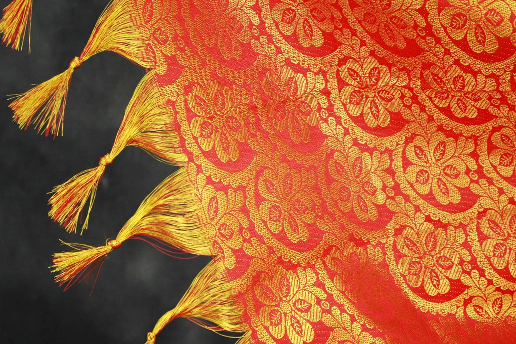 Red Zari Pattu Shawl Ponnadai for Events, Arangetram and Functions, Traditional Gold-Pattern Stole