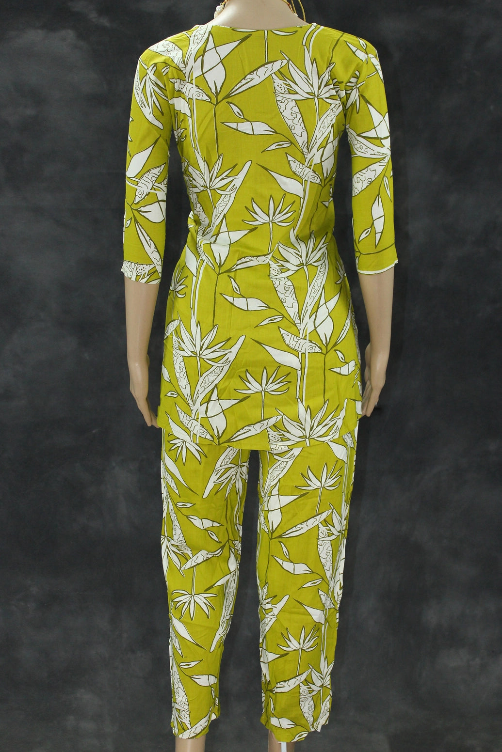 Olive Yellow Rayon 2-Piece co-ord Set with Bead Work Neckline, Elastic Waist Pants and Side Pockets Kurti JCS Fashions