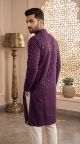 Men Purple Lakhnavi Kurta with All-Over Motif and Stand Collar for Festive Wear