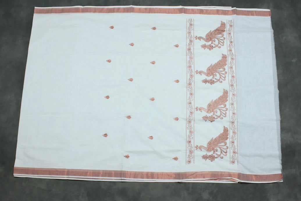 White Kerala Cotton Saree with Copper Zari Peacock Embroidery