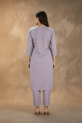Purple Roman Silk 3-Piece Kurti Set with Elastic Pant and Organza Digital Dupatta