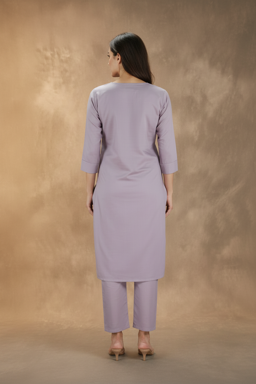 Purple Roman Silk 3-Piece Kurti Set with Elastic Pant and Organza Digital Dupatta