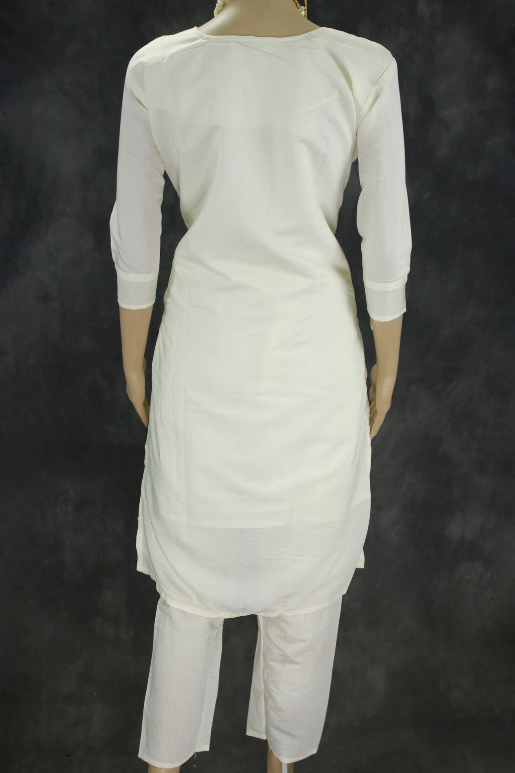 White Roman Silk Kurti with Pant & Organza Digital Dupatta - Zari Sequence Neck Design, 3-Piece Set