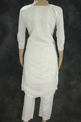 White Roman Silk Kurti with Pant & Organza Digital Dupatta - Zari Sequence Neck Design, 3-Piece Set