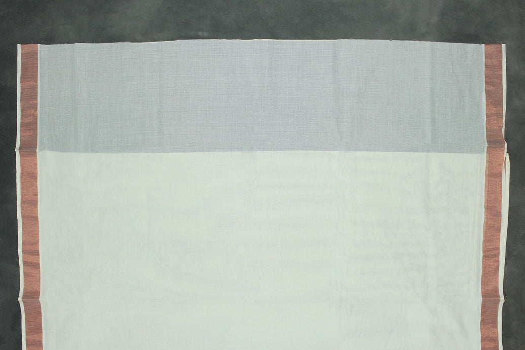 Pure Kerala Cotton White Saree with Copper Zari Peacock & Floral Embroidery