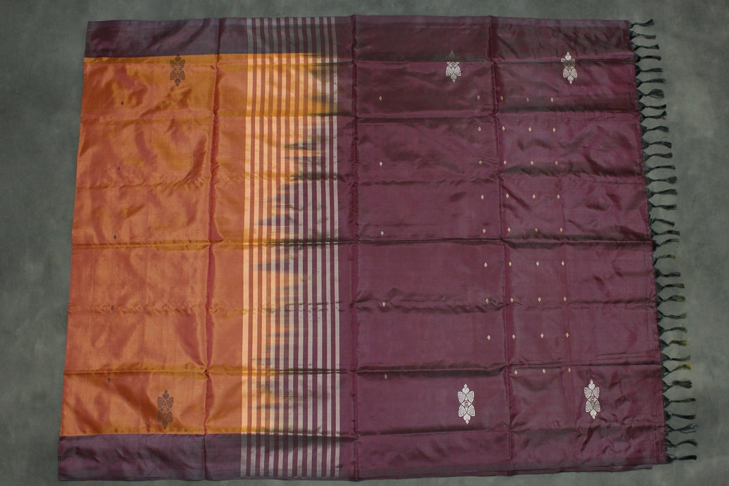 Vaazhai Naar (Banana Pith) Borderless Saree - Dark Purple Body with Fanta Orange Pallu, Small Butta