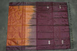 Vaazhai Naar (Banana Pith) Borderless Saree - Dark Purple Body with Fanta Orange Pallu, Small Butta