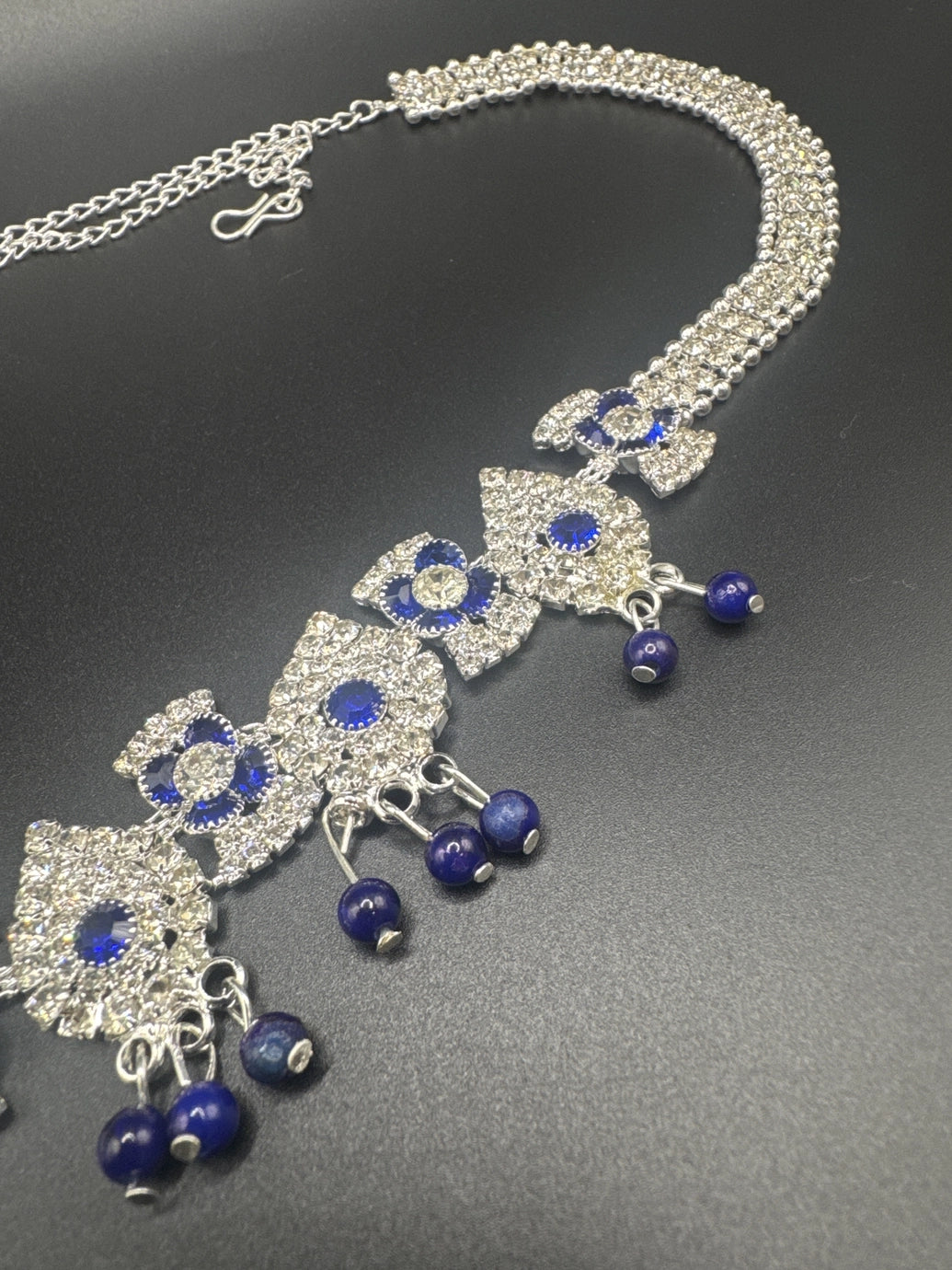 Silver-Tone Blue Crystal Hip Chain with Floral Motifs and Bead Danglers - Adjustable Jewelry JCS Fashions