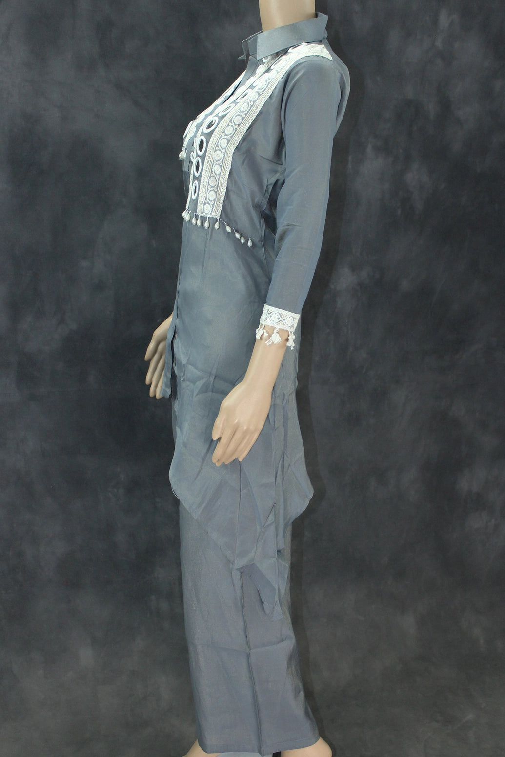 Grey Cotton-Rayon Pakistani Collar Kurti Two-Piece Set with Mirror Work and White Lace Border — Top with Elastic Pants Kurti JCS Fashions