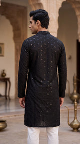 Black Lakhnavi Kurta for Men with Sequins Detail | Traditional Ethnic Kurta for Festive Wear