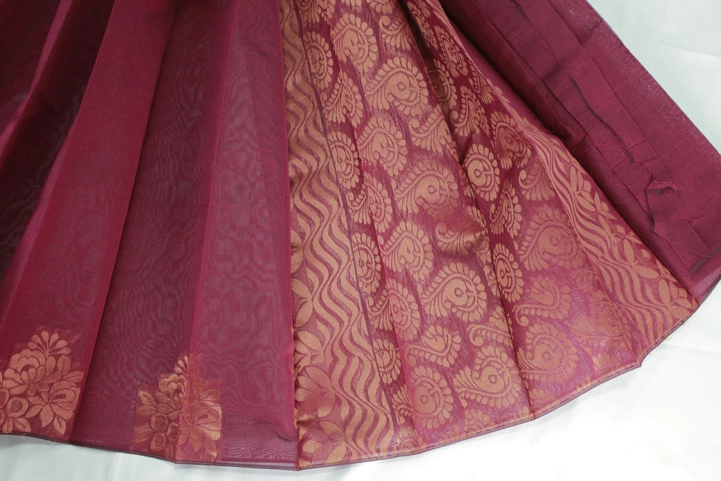Maroon Silk Cotton Saree with Zari Border, Borderless Design and Matching Blouse