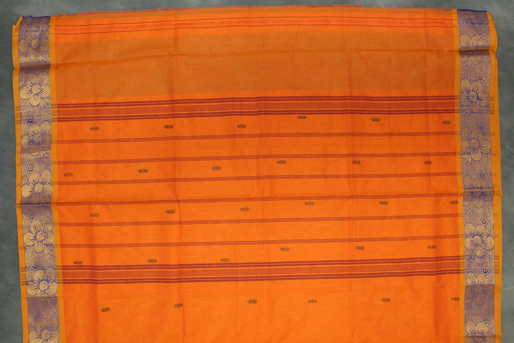 Orange Poly Cotton Saree with Zari Floral Border and Buttas Saree JCS Fashions
