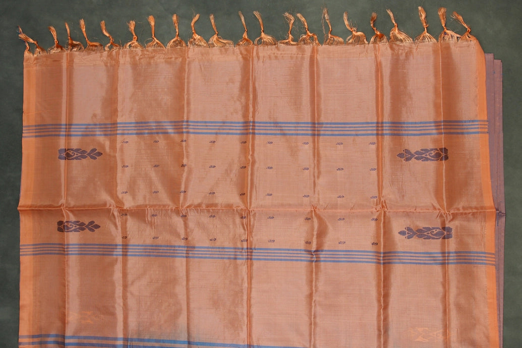 Peach Orange Vaazhai Naar (Banana Pith) Saree with Blue Stripe Pallu and Small Buttas
