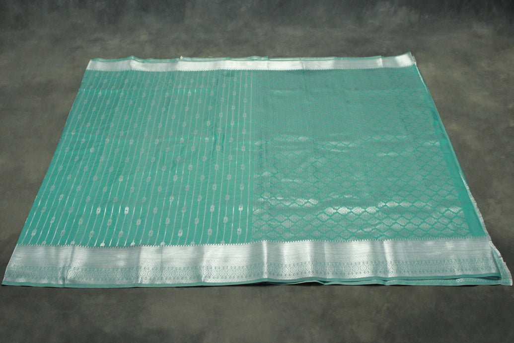 Green Bridal Vaira Oosi Semi Silk Saree with Silver Zari Border and Blouse Piece