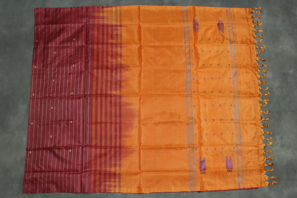Orange Vaazhai Naar (Banana Pith) Saree with Small Butta and Subtle Pallu Stripes