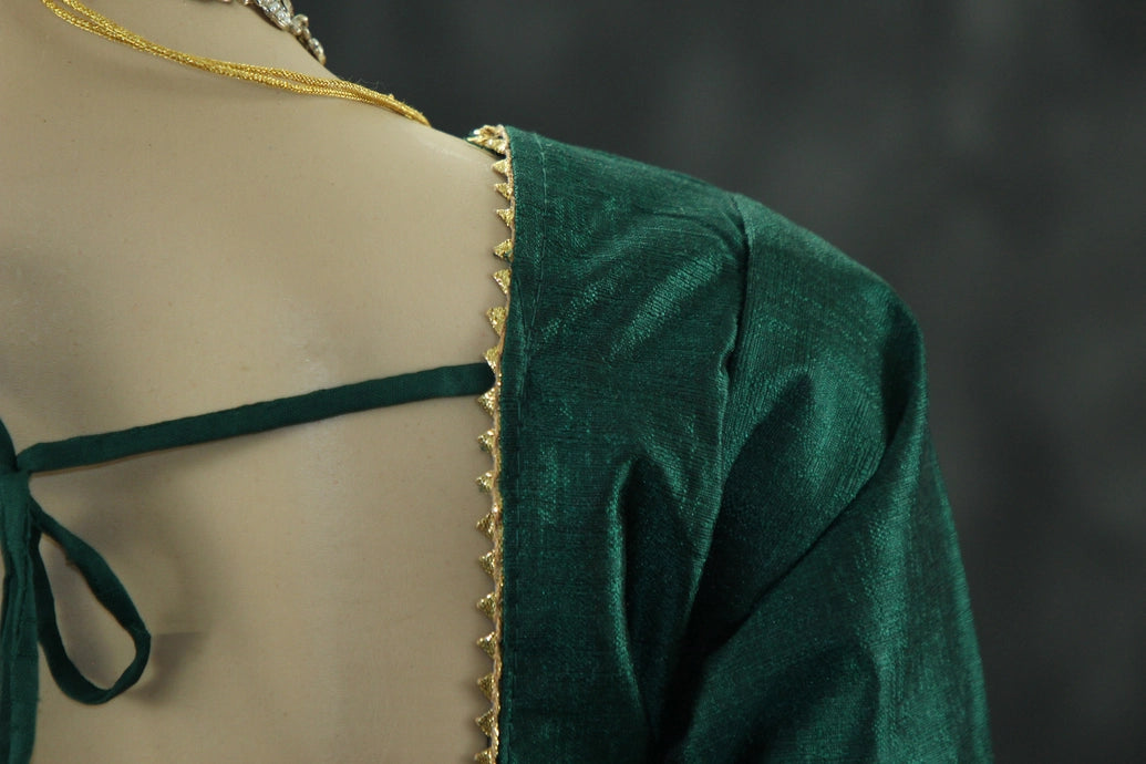 Readymade Designer Green Raw Silk Padded Blouse, Elbow Sleeves, Back Knot, Fully Stitched Blouse JCS Fashions
